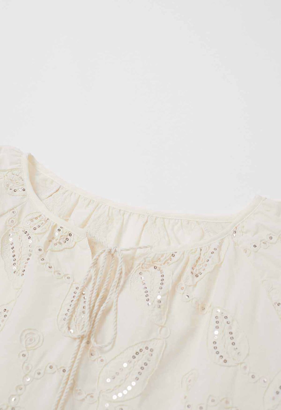 Sequined Embroidered Leaf Puff Sleeve Dolly Top