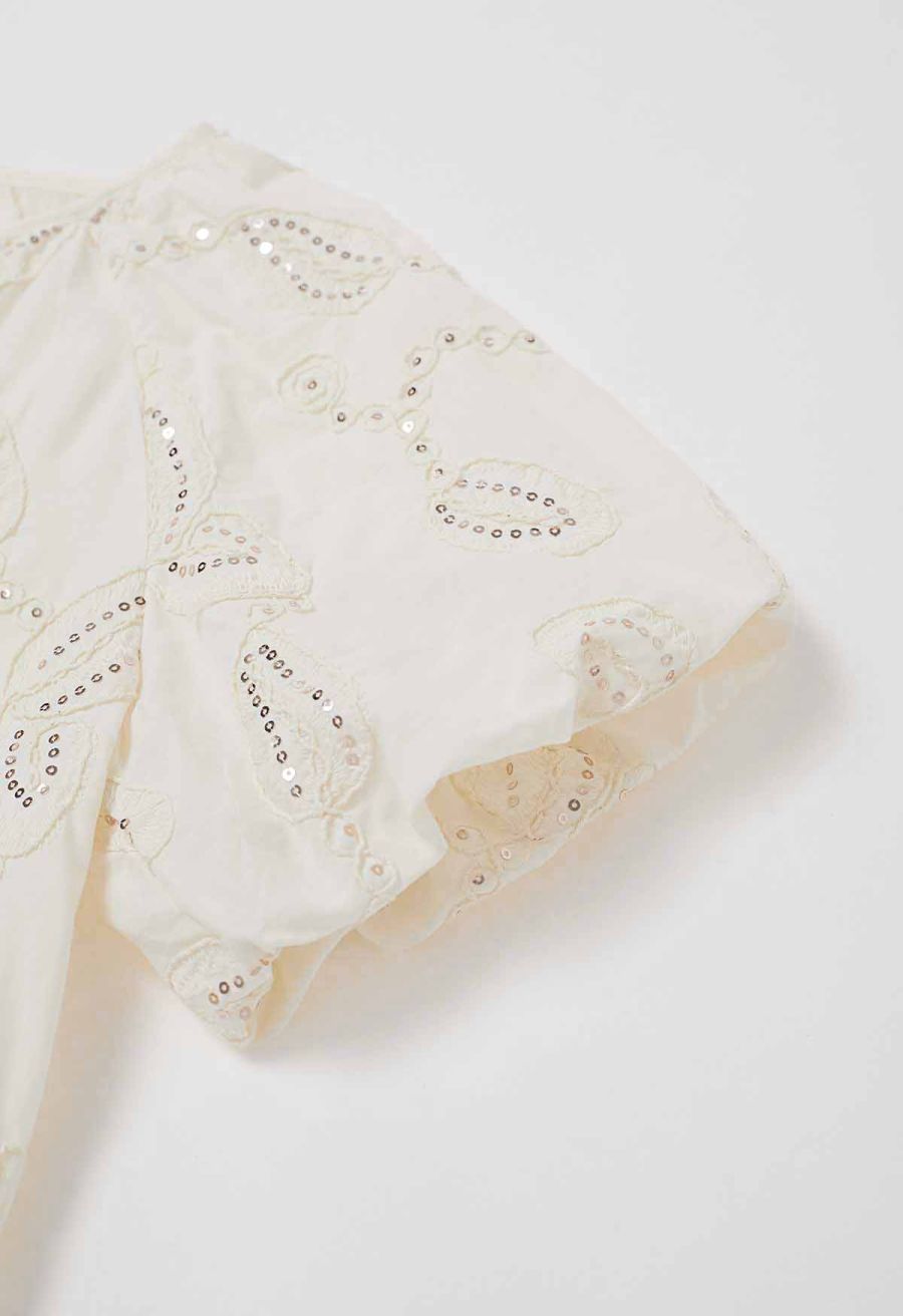 Sequined Embroidered Leaf Puff Sleeve Dolly Top