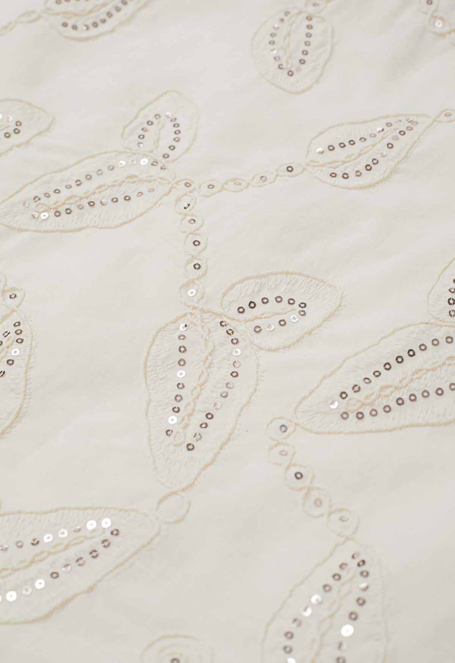 Sequined Embroidered Leaf Puff Sleeve Dolly Top