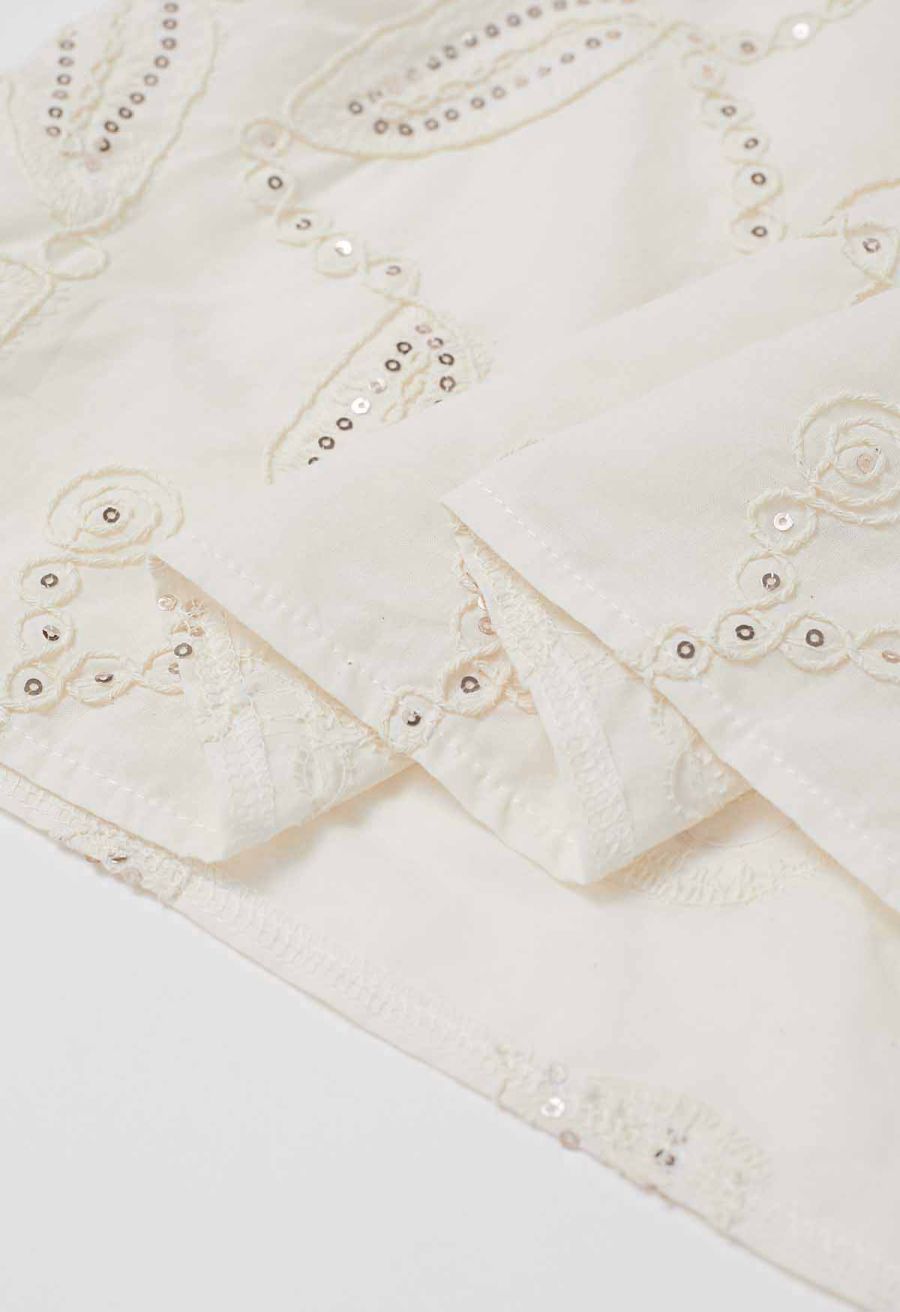 Sequined Embroidered Leaf Puff Sleeve Dolly Top
