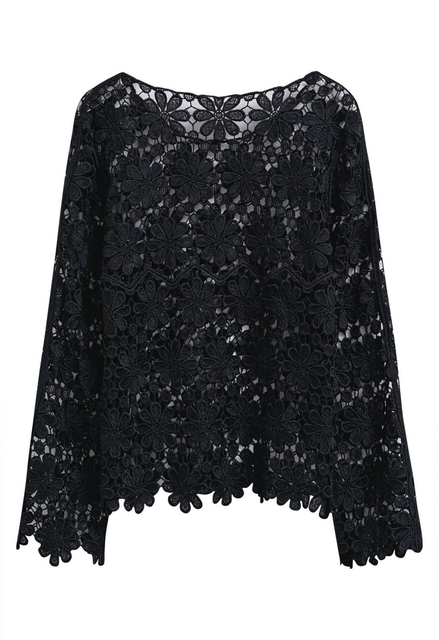 Floret Guipure Lace Long Sleeve Top in Black