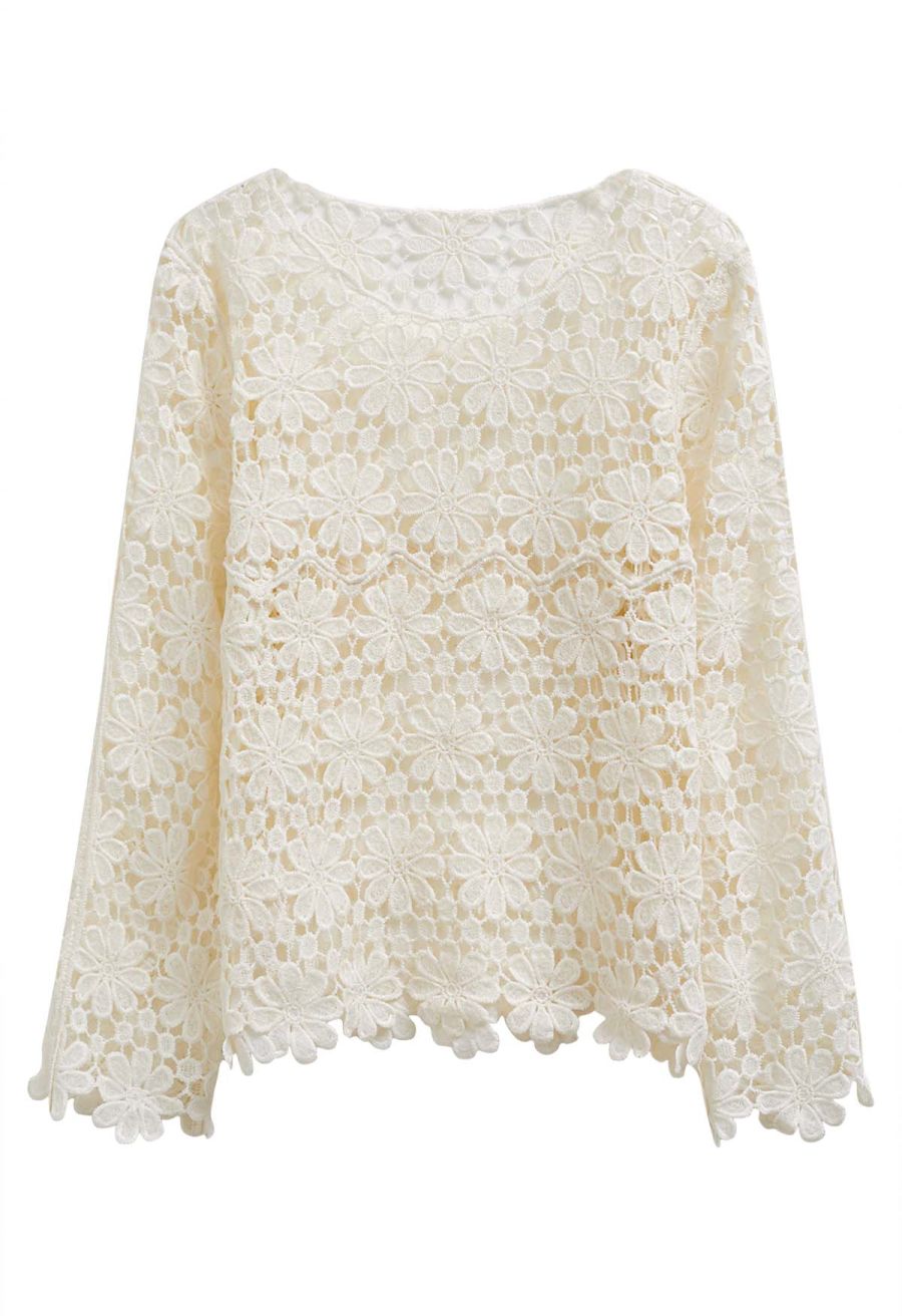 Floret Guipure Lace Long Sleeve Top in Cream
