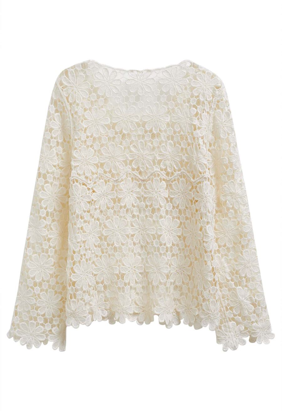 Floret Guipure Lace Long Sleeve Top in Cream