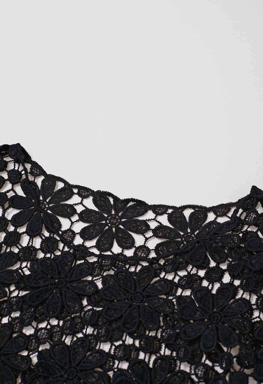 Floret Guipure Lace Long Sleeve Top in Black