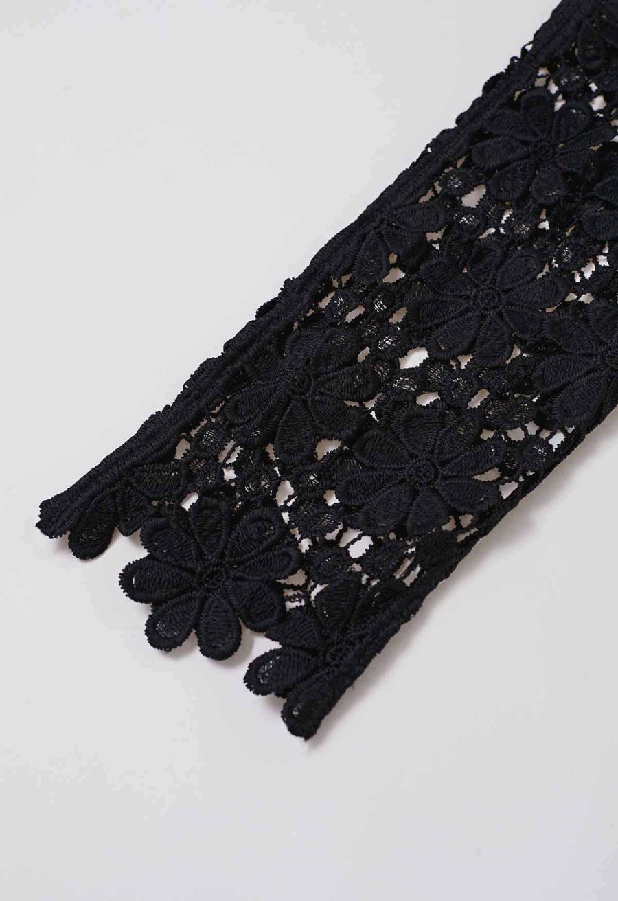 Floret Guipure Lace Long Sleeve Top in Black