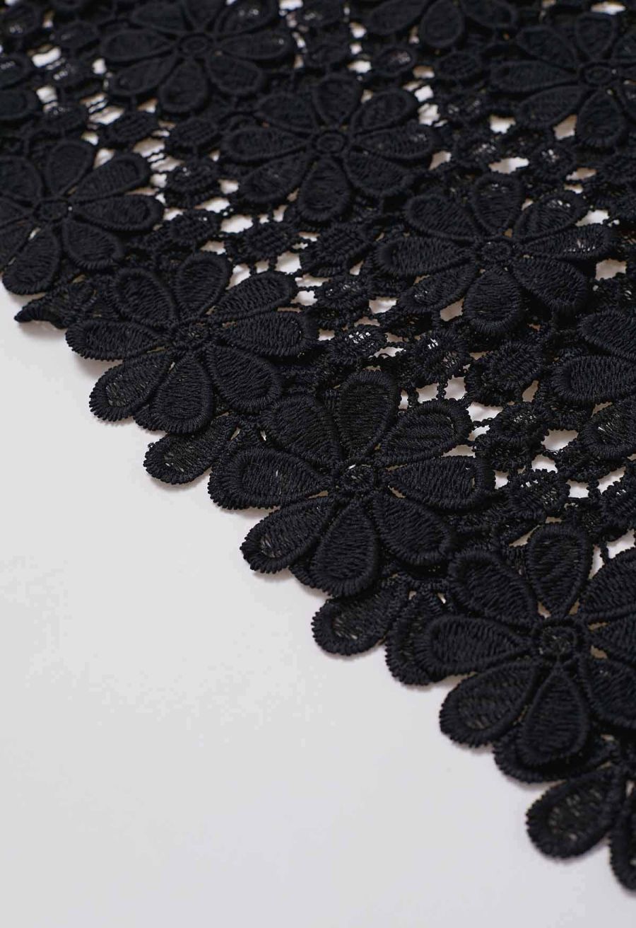 Floret Guipure Lace Long Sleeve Top in Black
