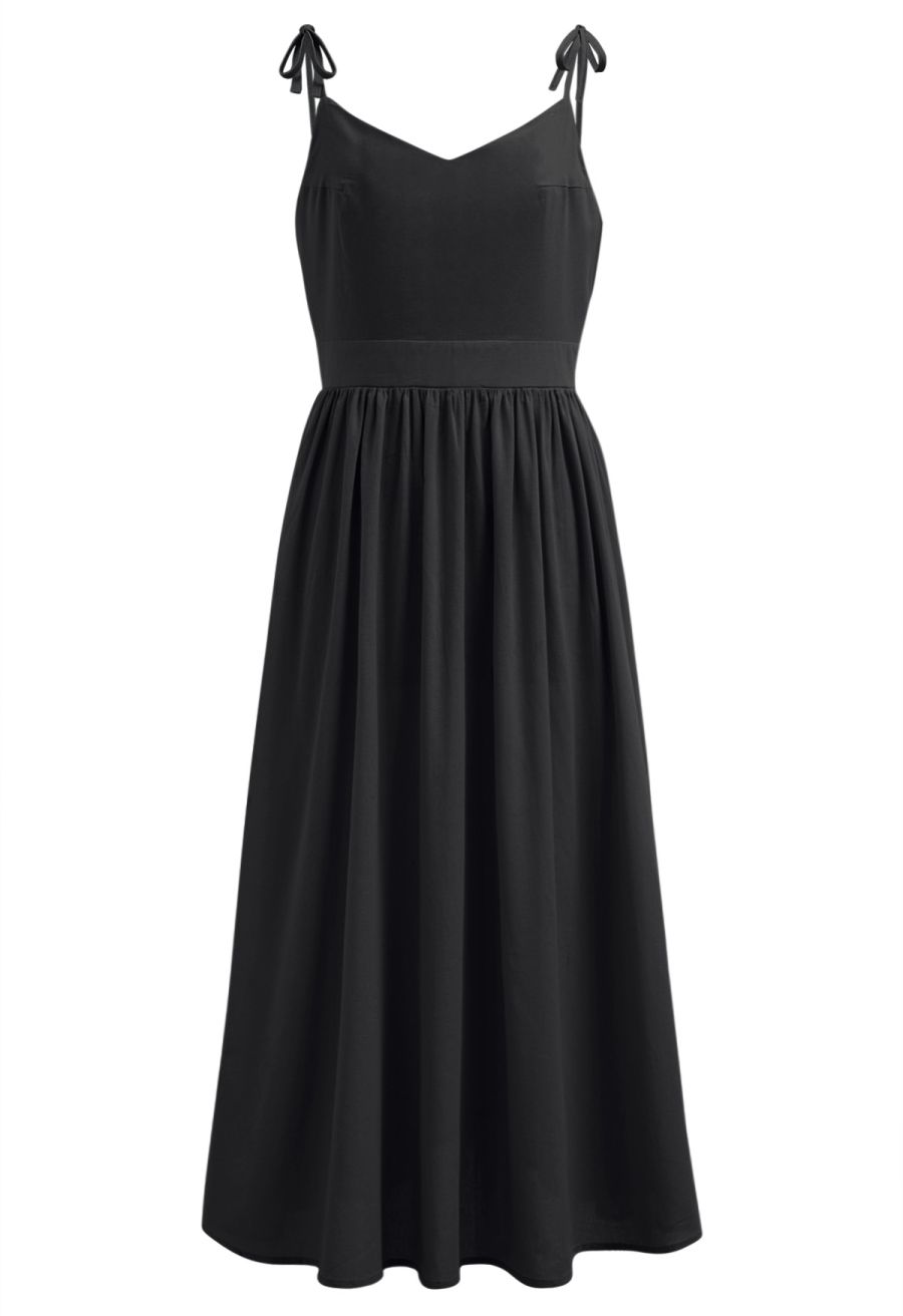 Solid Color Open Back Cotton Cami Dress in Black
