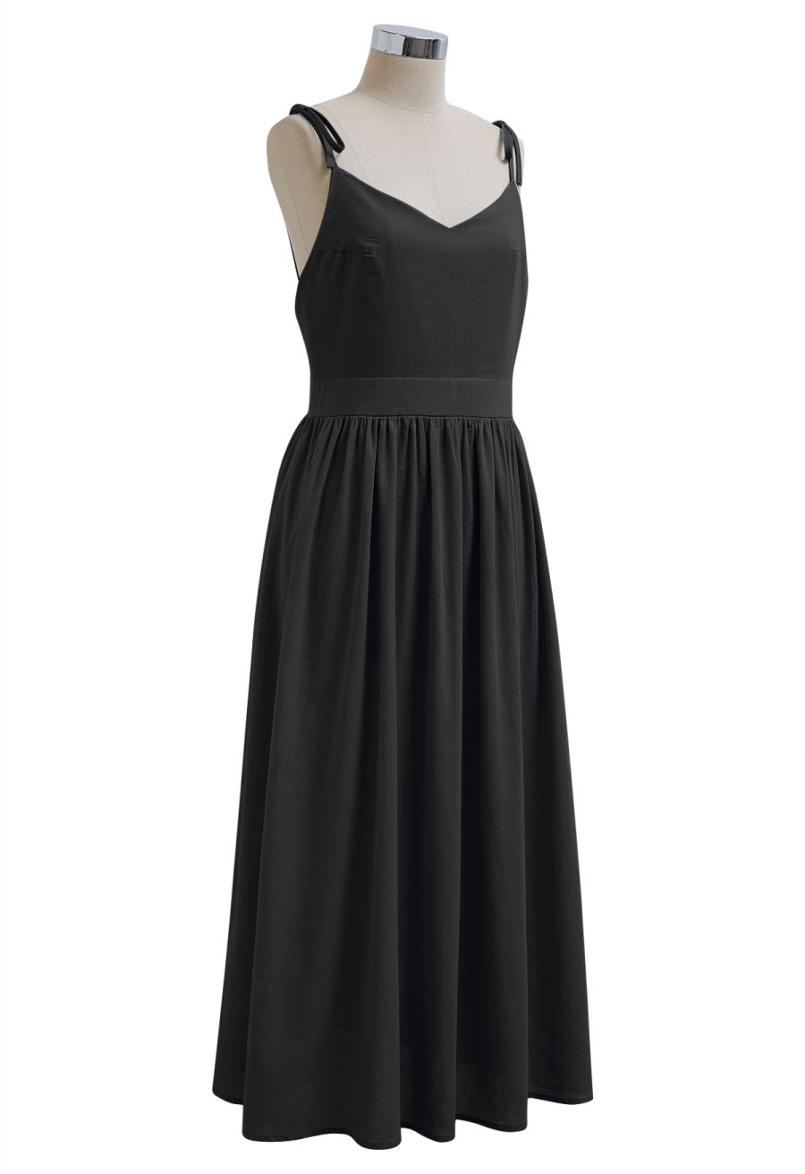 Solid Color Open Back Cotton Cami Dress in Black