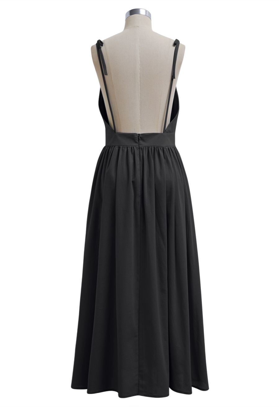 Solid Color Open Back Cotton Cami Dress in Black