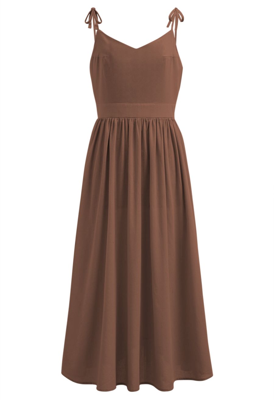 Solid Color Open Back Cotton Cami Dress in Brown