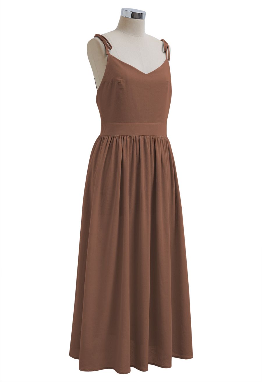 Solid Color Open Back Cotton Cami Dress in Brown