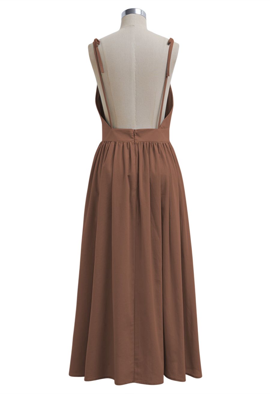 Solid Color Open Back Cotton Cami Dress in Brown