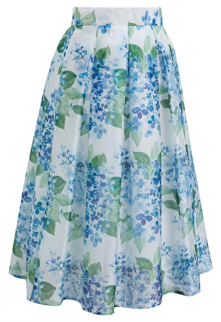 Shimmery Blue Wisteria Pleated Organza Midi Skirt