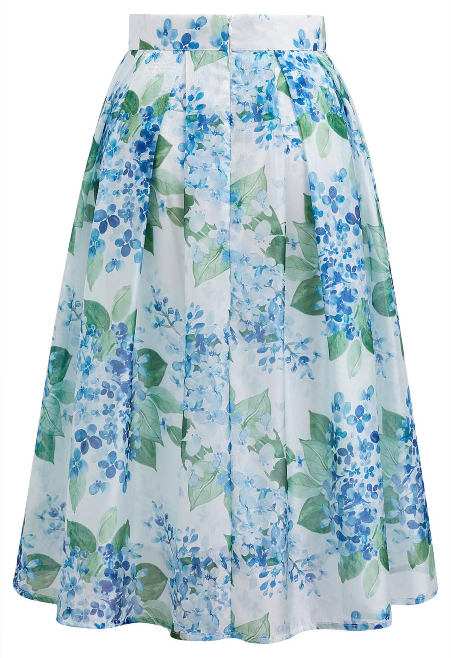 Shimmery Blue Wisteria Pleated Organza Midi Skirt