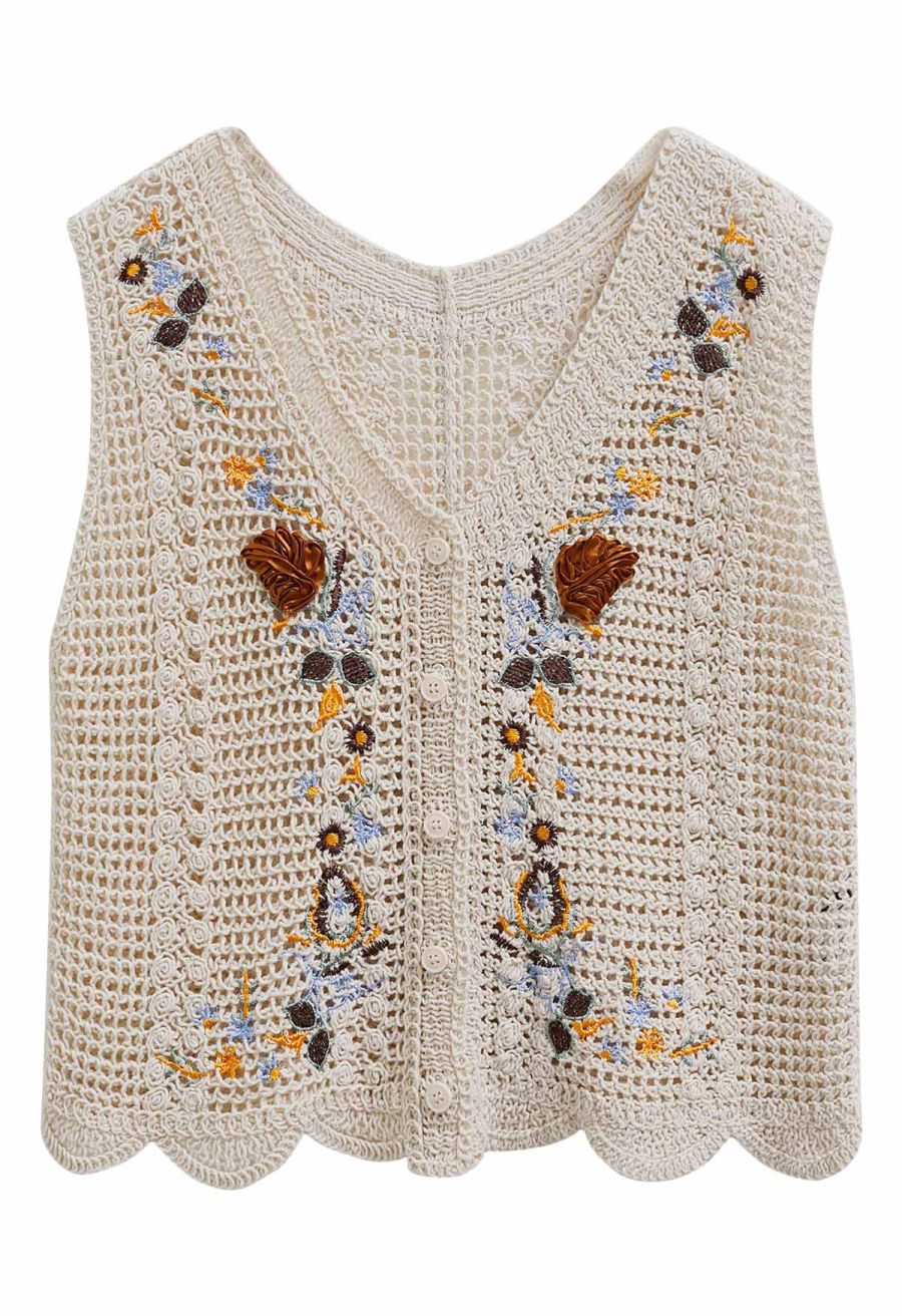 Embroidered Floral Button-Front Crochet Vest