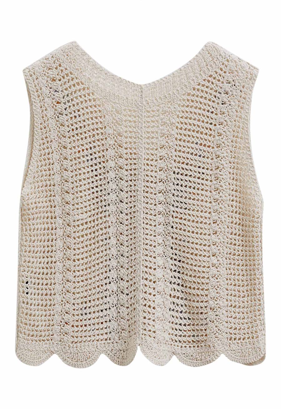 Embroidered Floral Button-Front Crochet Vest