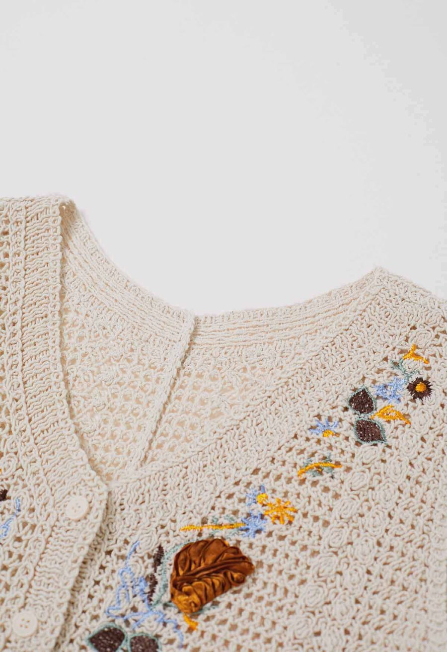 Embroidered Floral Button-Front Crochet Vest