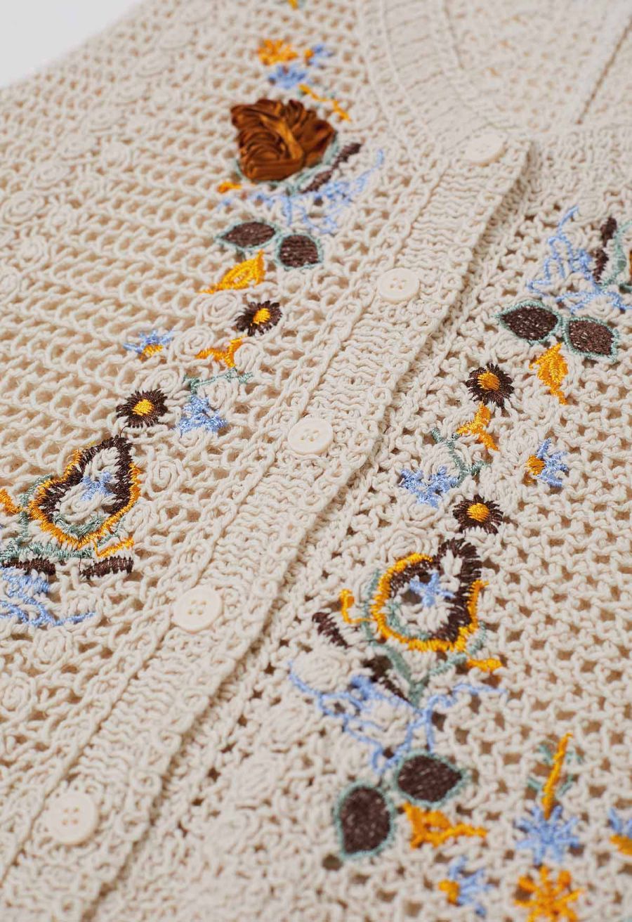 Embroidered Floral Button-Front Crochet Vest