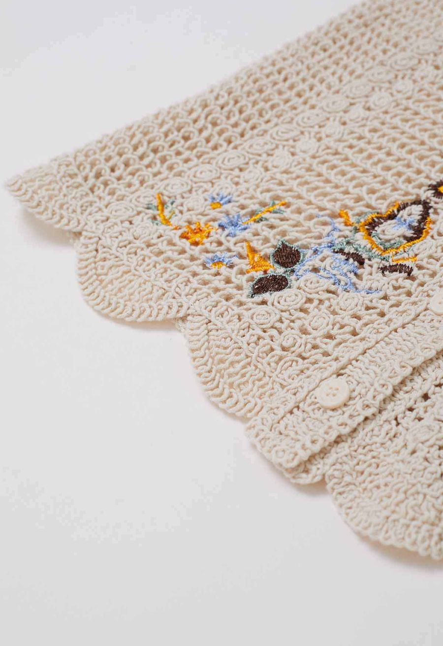 Embroidered Floral Button-Front Crochet Vest
