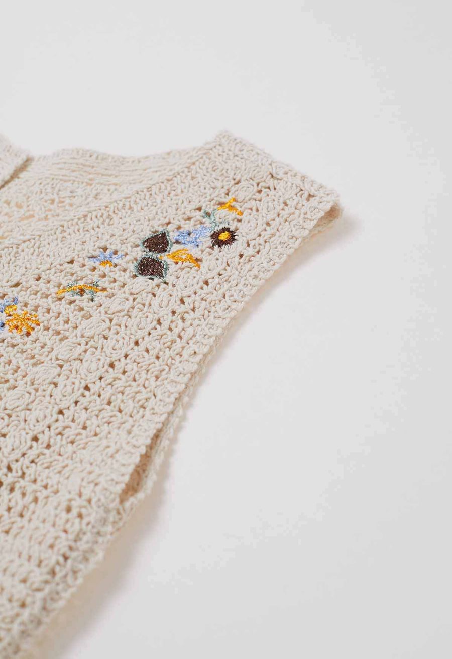 Embroidered Floral Button-Front Crochet Vest
