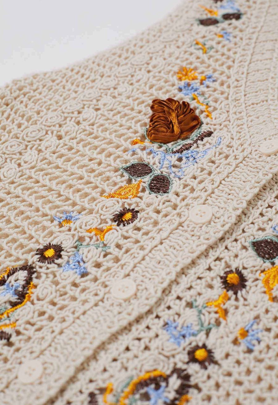 Embroidered Floral Button-Front Crochet Vest