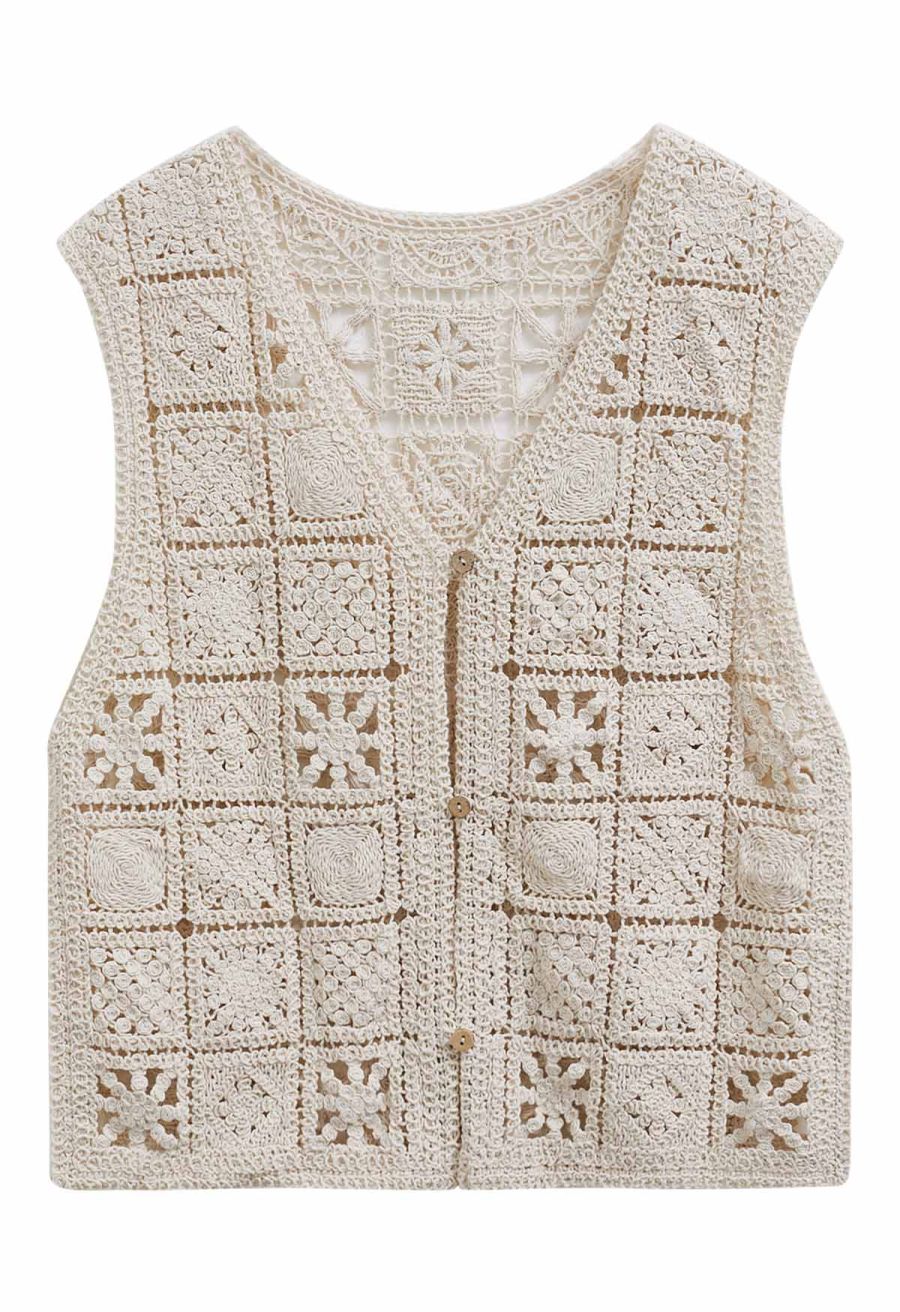 Crochet Square Cutwork Button-Front Vest in Sand