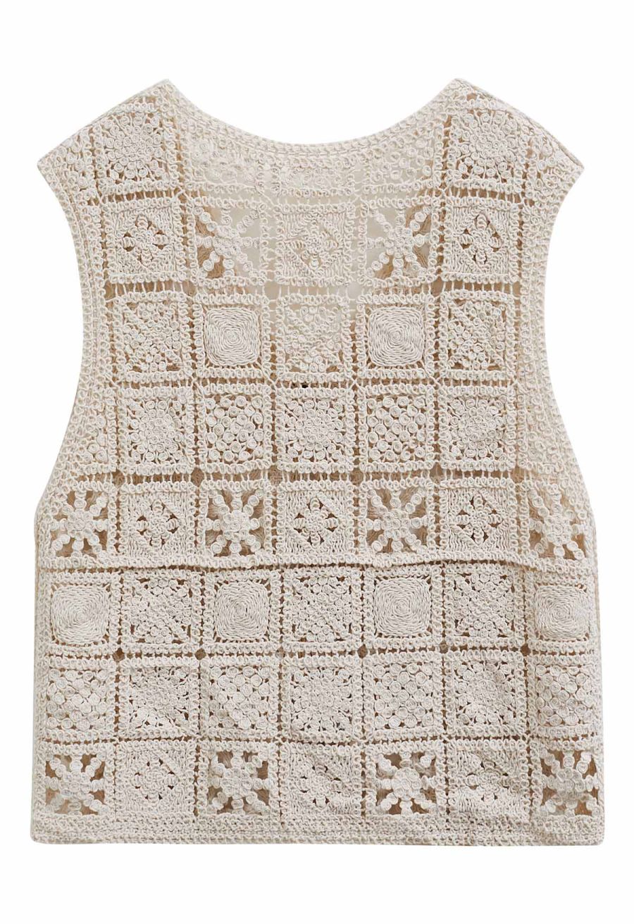 Crochet Square Cutwork Button-Front Vest in Sand