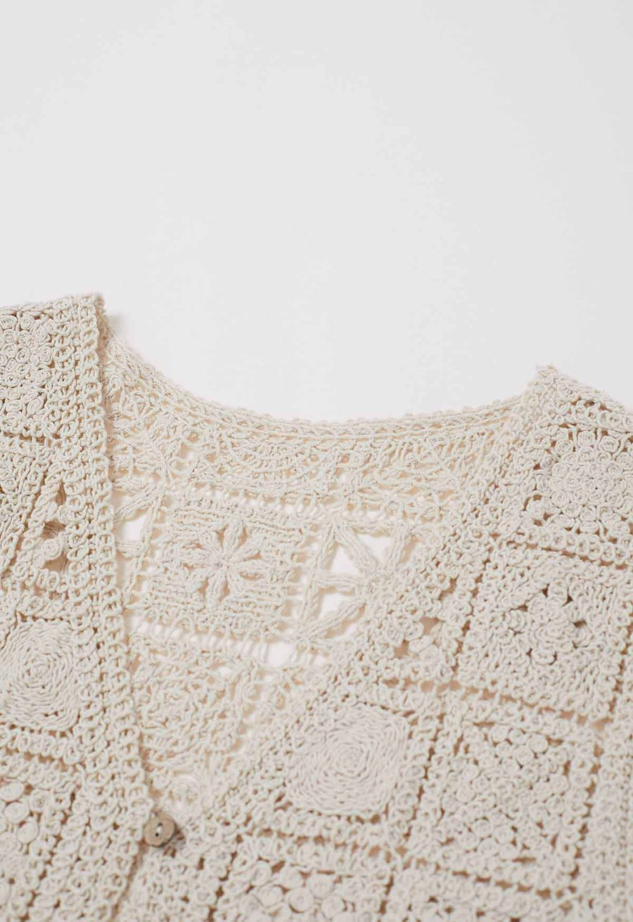 Crochet Square Cutwork Button-Front Vest in Sand