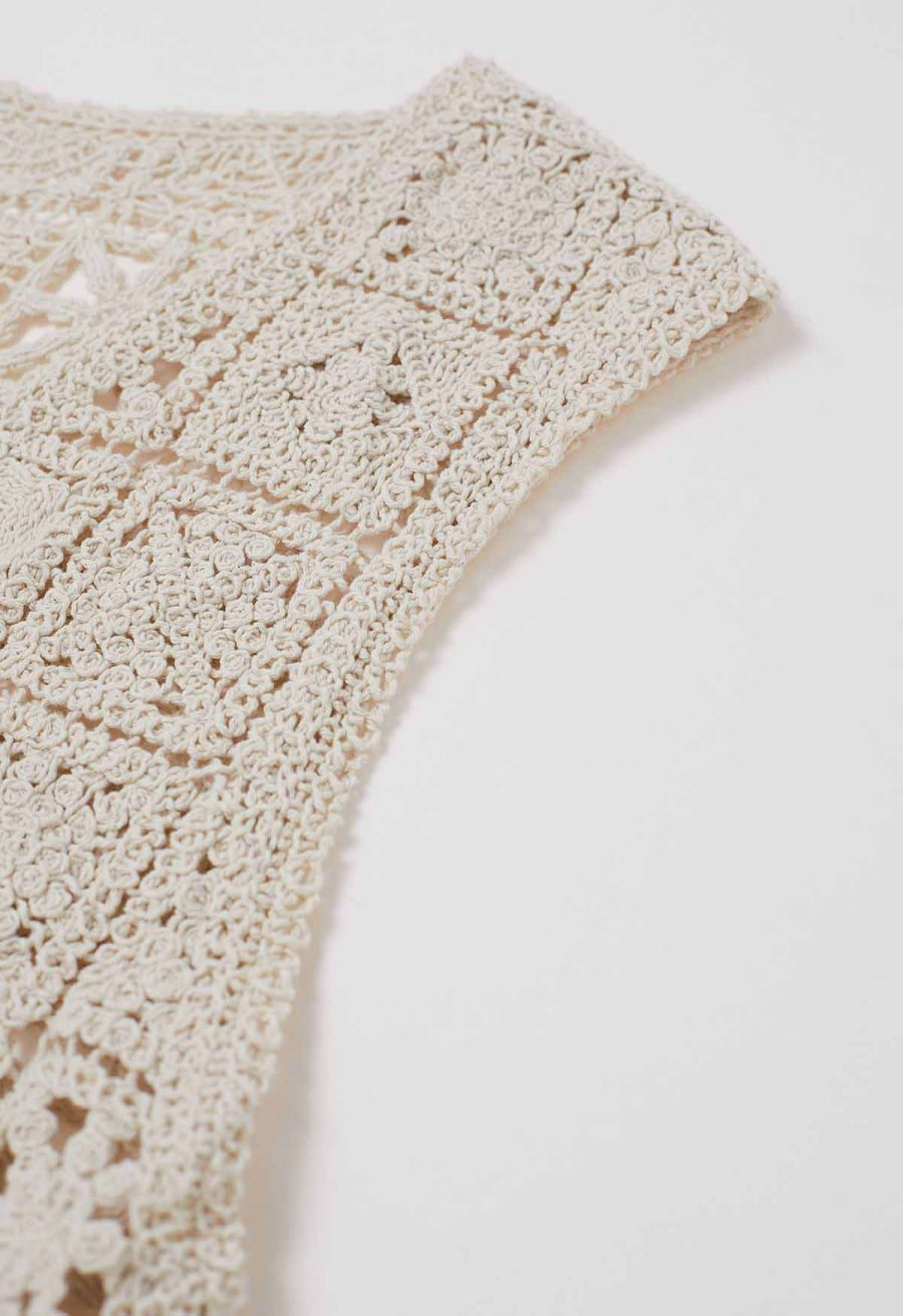 Crochet Square Cutwork Button-Front Vest in Sand