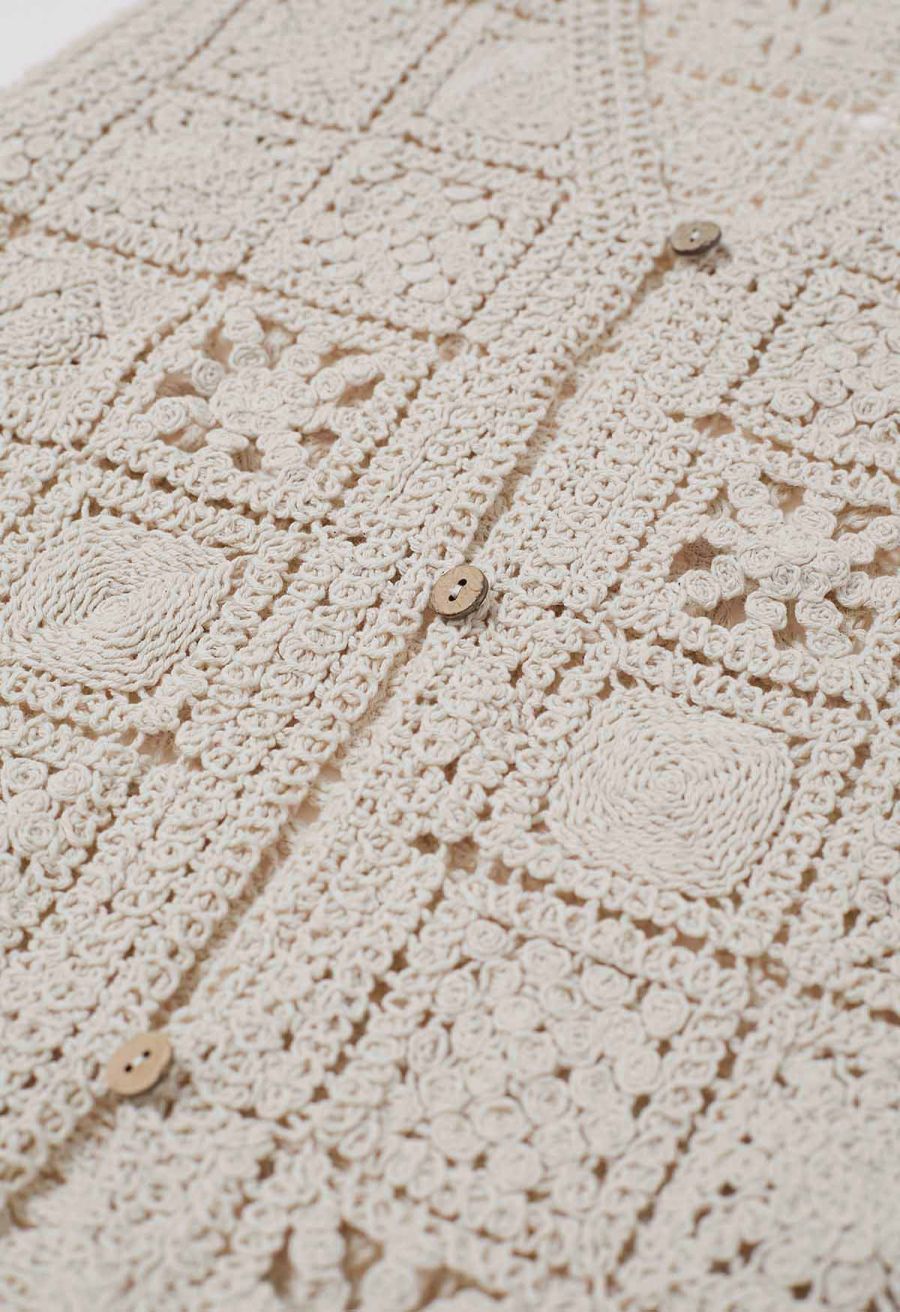 Crochet Square Cutwork Button-Front Vest in Sand