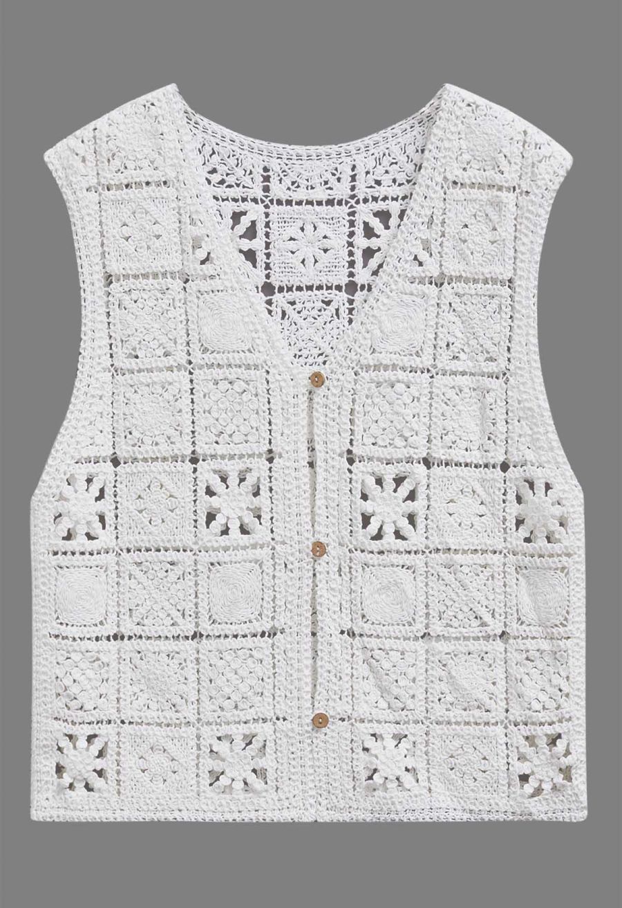 Crochet Square Cutwork Button-Front Vest in White