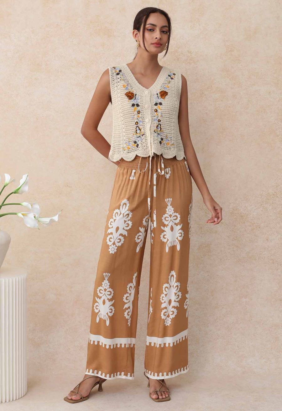 Tile Printed Shirred Waist Pants in Tan