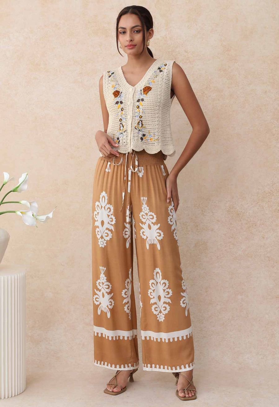 Tile Printed Shirred Waist Pants in Tan