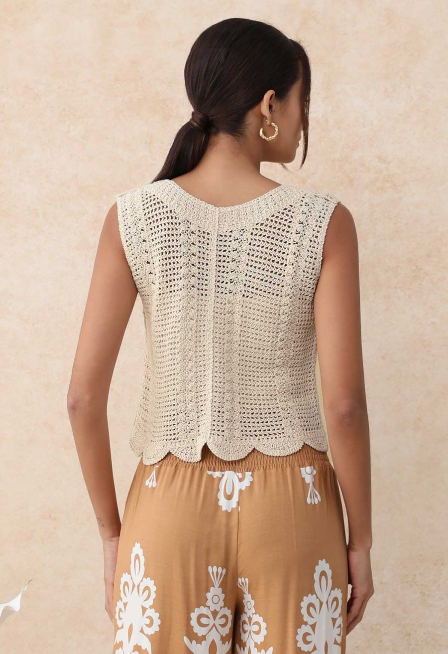 Embroidered Floral Button-Front Crochet Vest