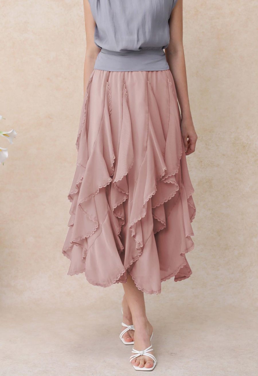 Lace Ruffle Asymmetric Chiffon Midi Skirt in Pink
