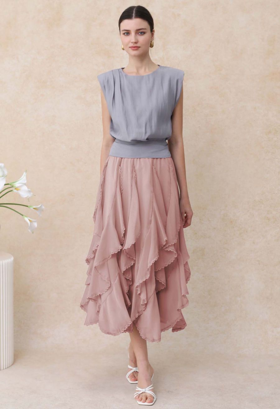 Lace Ruffle Asymmetric Chiffon Midi Skirt in Pink