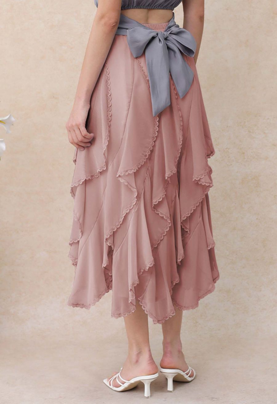 Lace Ruffle Asymmetric Chiffon Midi Skirt in Pink