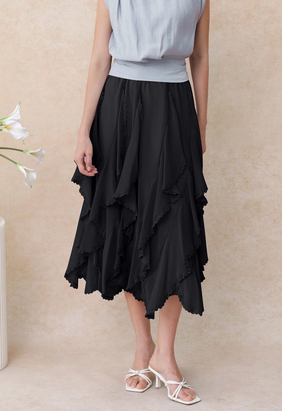 Lace Ruffle Asymmetric Chiffon Midi Skirt in Black