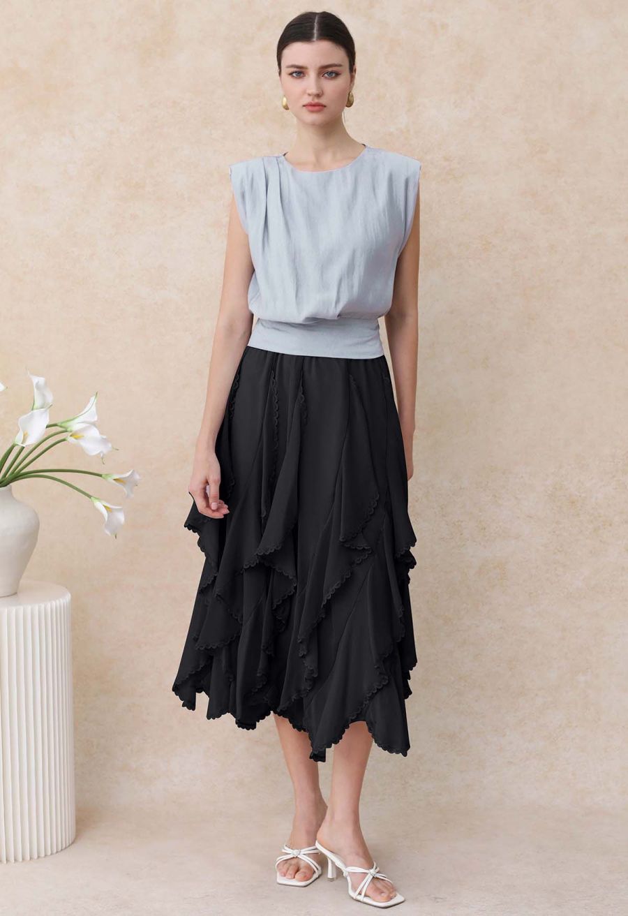 Lace Ruffle Asymmetric Chiffon Midi Skirt in Black