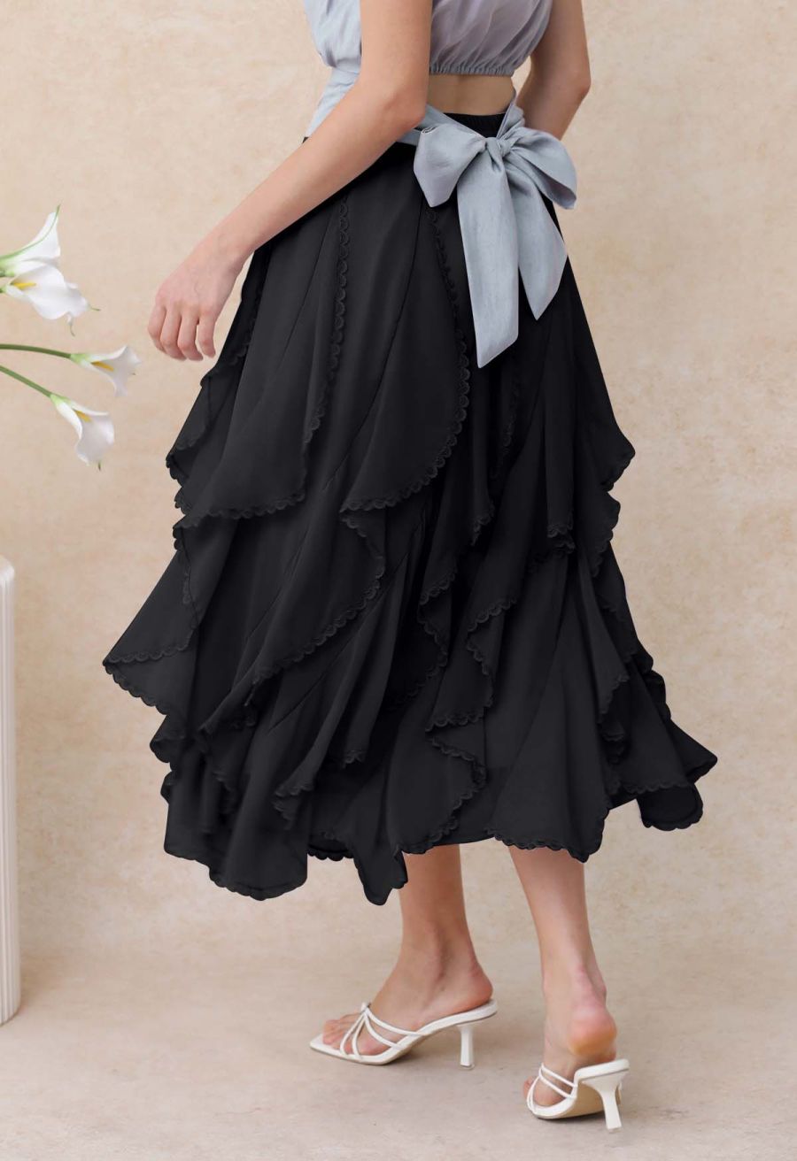 Lace Ruffle Asymmetric Chiffon Midi Skirt in Black