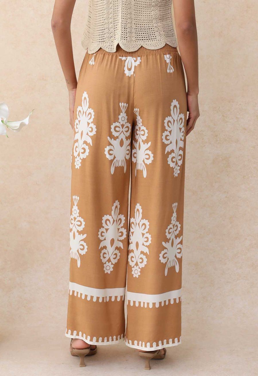 Tile Printed Shirred Waist Pants in Tan