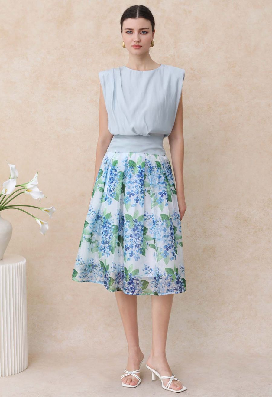 Shimmery Blue Wisteria Pleated Organza Midi Skirt