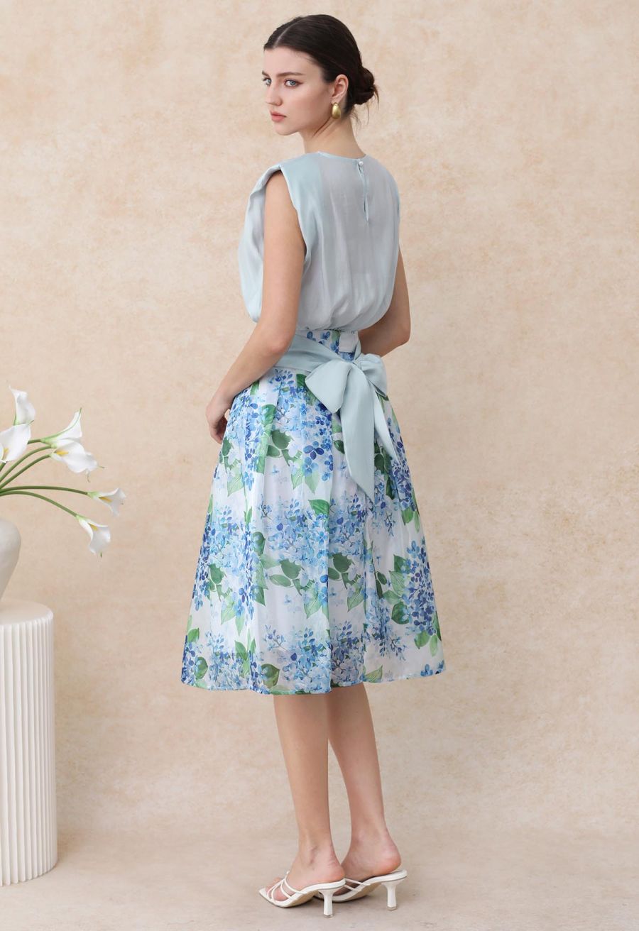 Shimmery Blue Wisteria Pleated Organza Midi Skirt