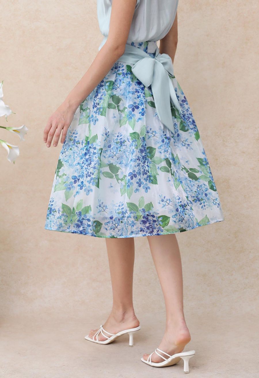 Shimmery Blue Wisteria Pleated Organza Midi Skirt