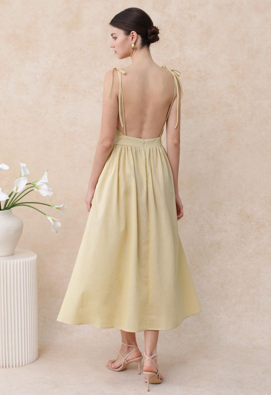 Solid Color Open Back Cotton Cami Dress in Light Yellow