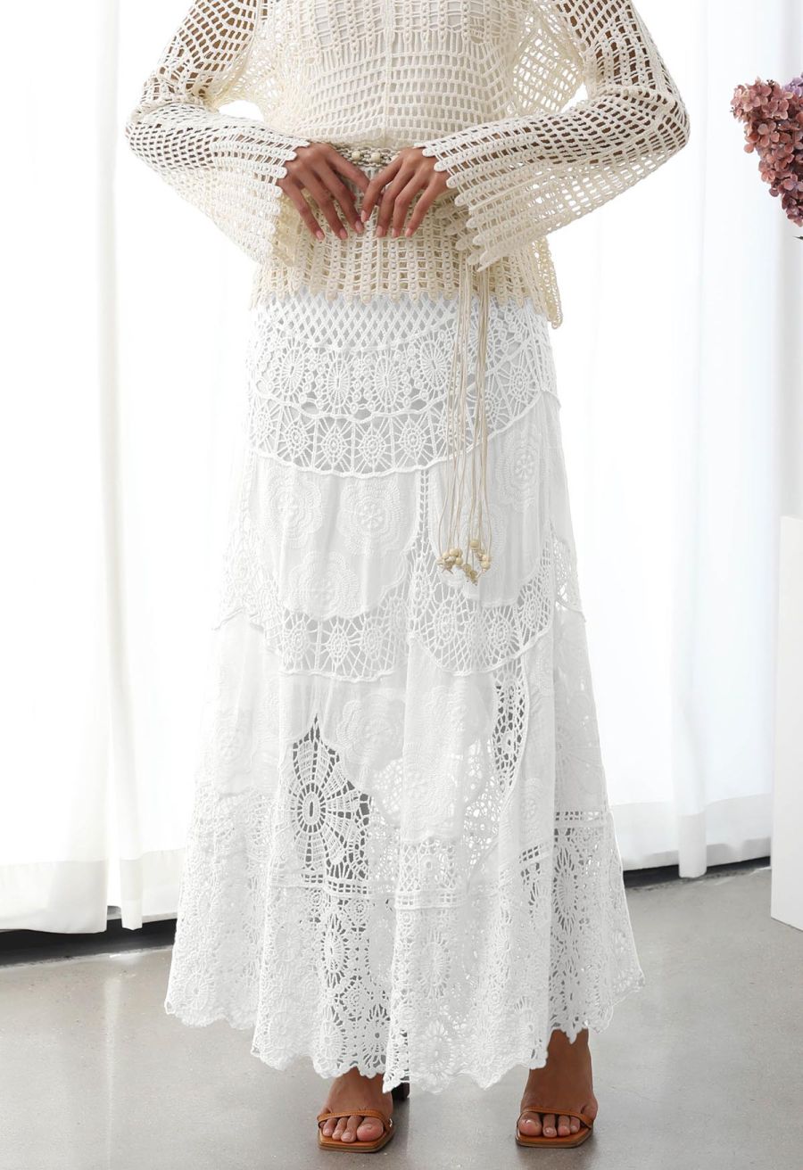 Artistry Floral Embroidered Crochet Maxi Skirt in White