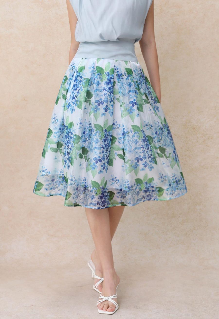 Shimmery Blue Wisteria Pleated Organza Midi Skirt