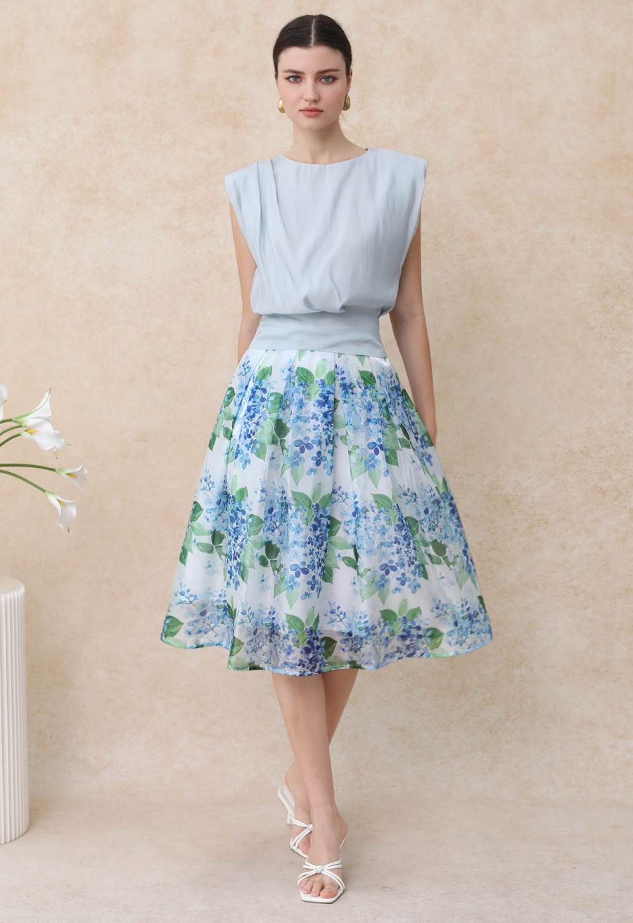 Shimmery Blue Wisteria Pleated Organza Midi Skirt