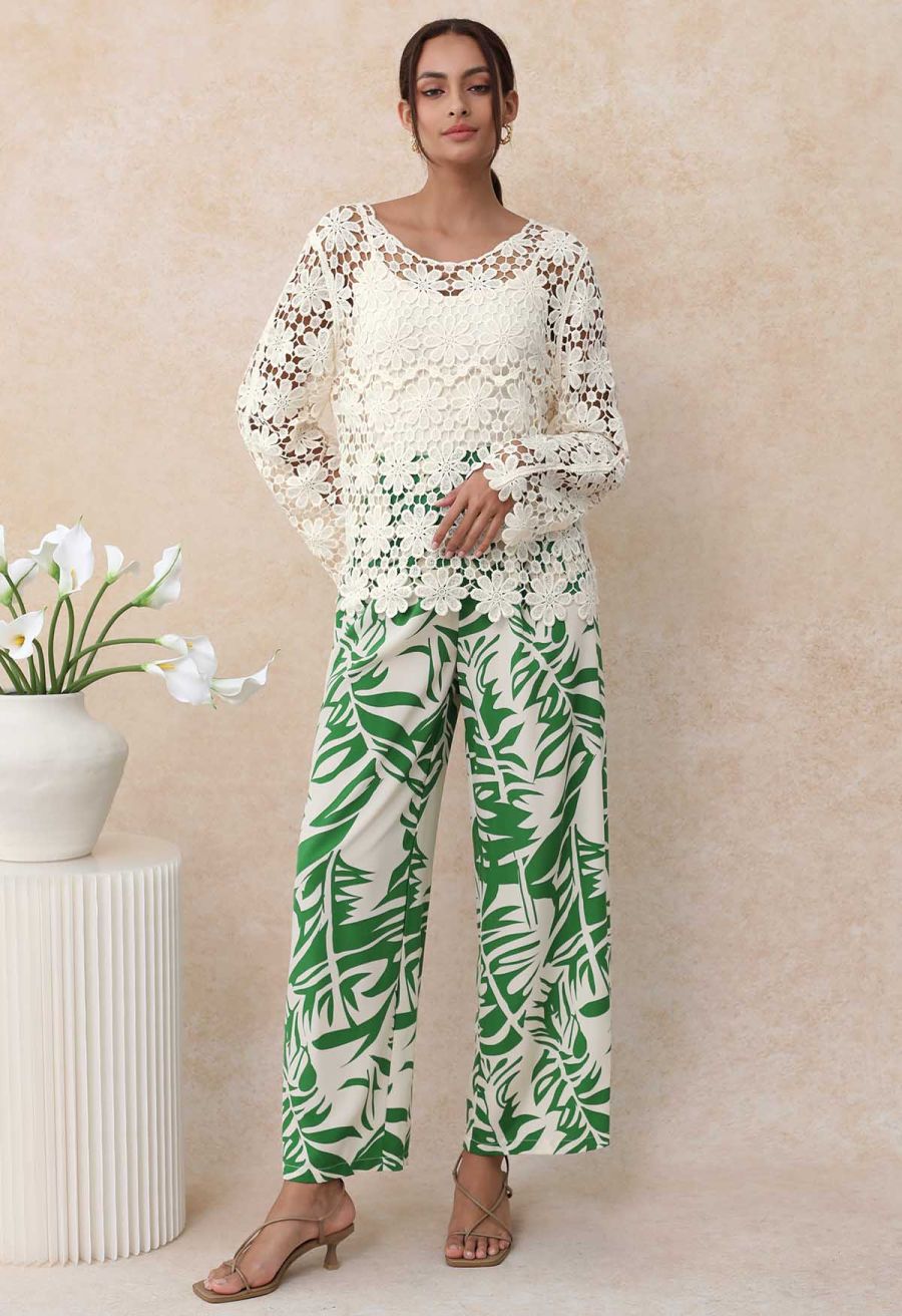 Floret Guipure Lace Long Sleeve Top in Cream