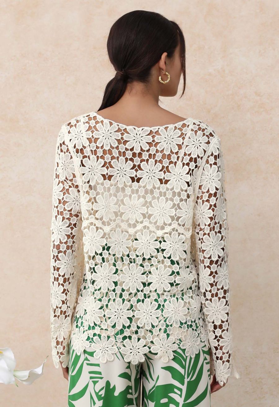 Floret Guipure Lace Long Sleeve Top in Cream